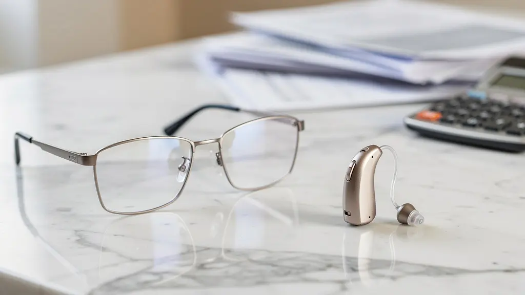 Composition montrant des lunettes modernes et un appareil auditif discret sur une surface épurée avec documents administratifs floutés en arrière-plan