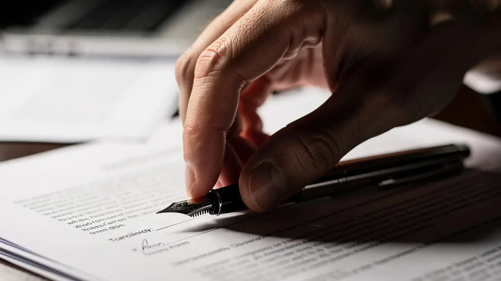Main hésitante au-dessus d'un stylo posé sur des documents flous, symbolisant la réflexion avant signature