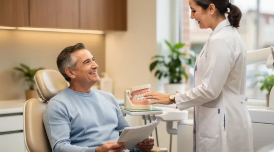 Consultation dentaire avec patient souriant et professionnel examinant les options de remboursement