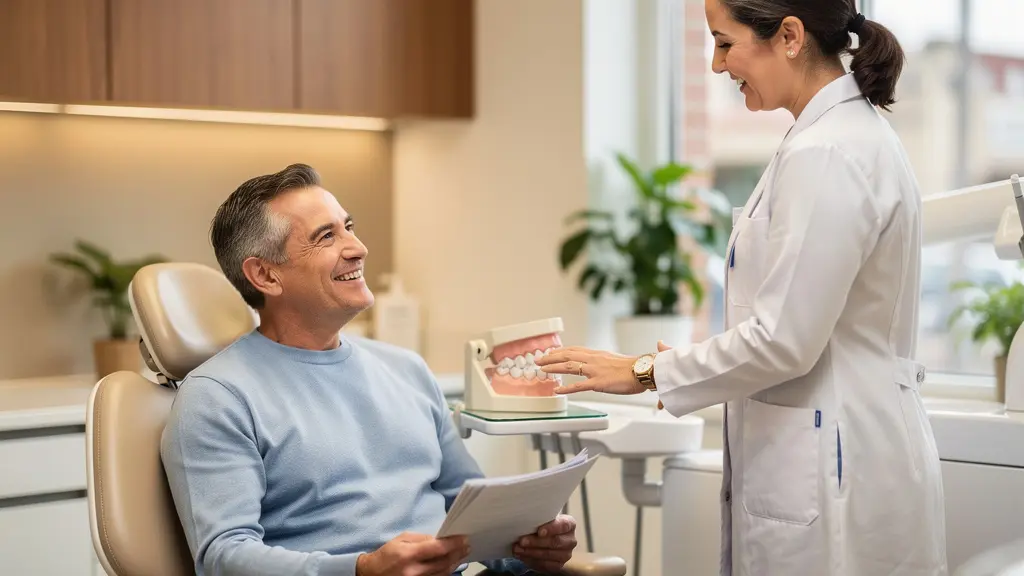 Consultation dentaire avec patient souriant et professionnel examinant les options de remboursement