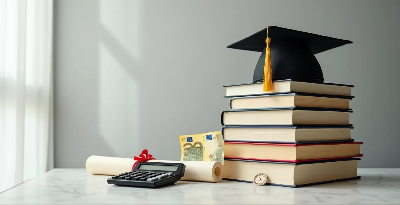 Livres universitaires et calculatrice symbolisant les coûts des études supérieures