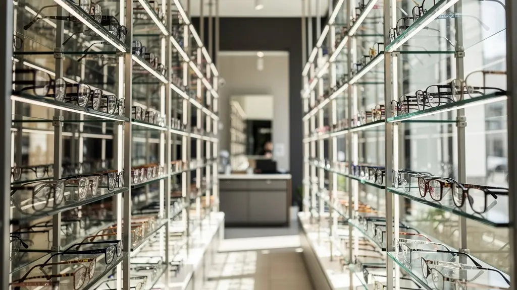 Espace moderne d'opticien avec présentoirs de lunettes vus de côté