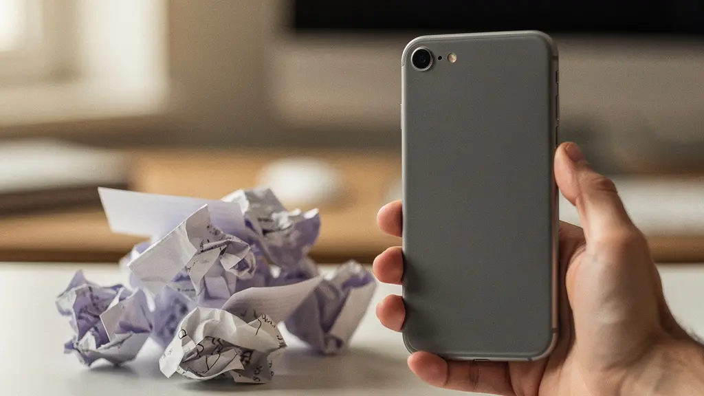 Main tenant un smartphone montrant une interface simplifiée pour changer d'assurance, contrastant avec des papiers froissés.