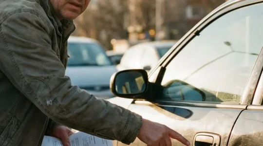Scène urbaine montrant un parent observant avec inquiétude une voiture rayée sur un parking, évoquant la responsabilité parentale