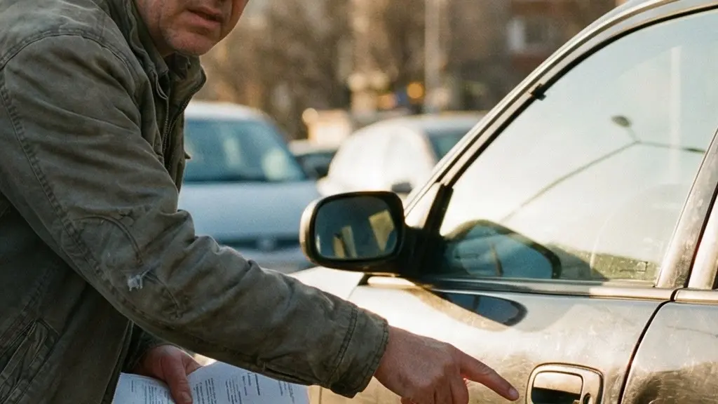 Scène urbaine montrant un parent observant avec inquiétude une voiture rayée sur un parking, évoquant la responsabilité parentale