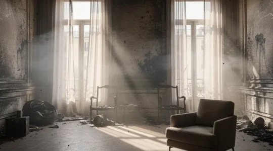 Intérieur de salon français après un incendie, avec des meubles brûlés en arrière-plan et un espace dégagé au premier plan pour illustrer l’écart entre remplacement à neuf et vétusté déduite.