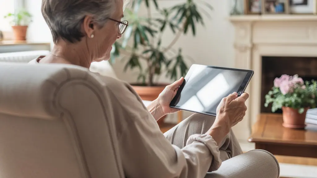 Senior consultant les garanties de son assurance auto sur une tablette dans son salon