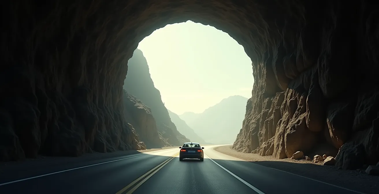 Vue grand angle d'une route sortant d'un tunnel vers la lumière avec voiture au loin