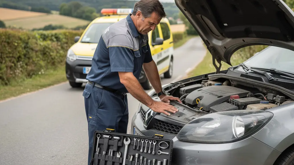 Technicien d'assistance automobile intervenant sur un véhicule en panne sur une route française