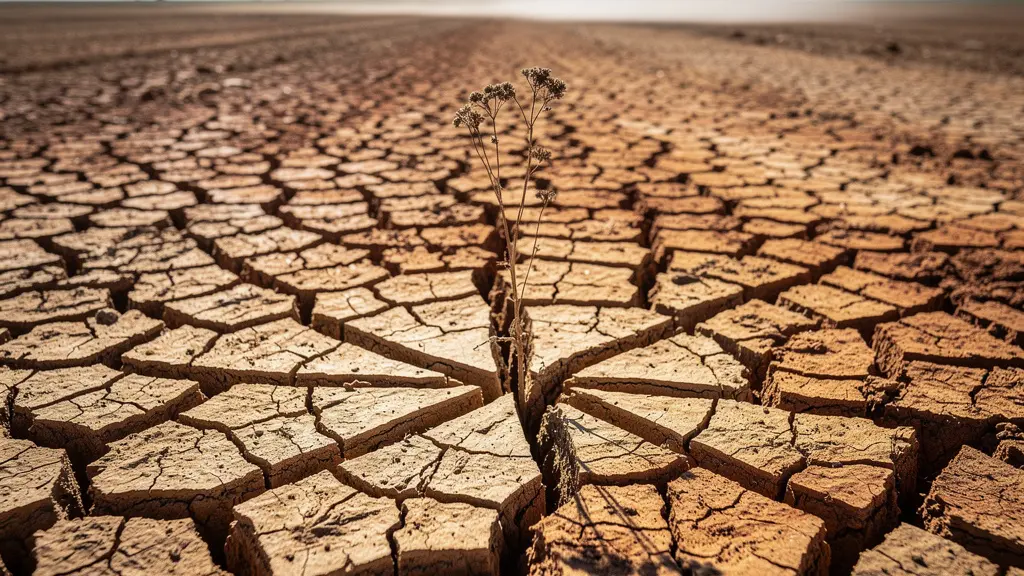 Sol argileux profondément craquelé par la sécheresse en France, illustrant le caractère irrésistible des phénomènes climatiques