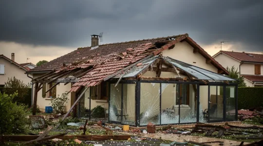 Toiture endommagée par la grêle et débris d'une véranda après une tempête en France