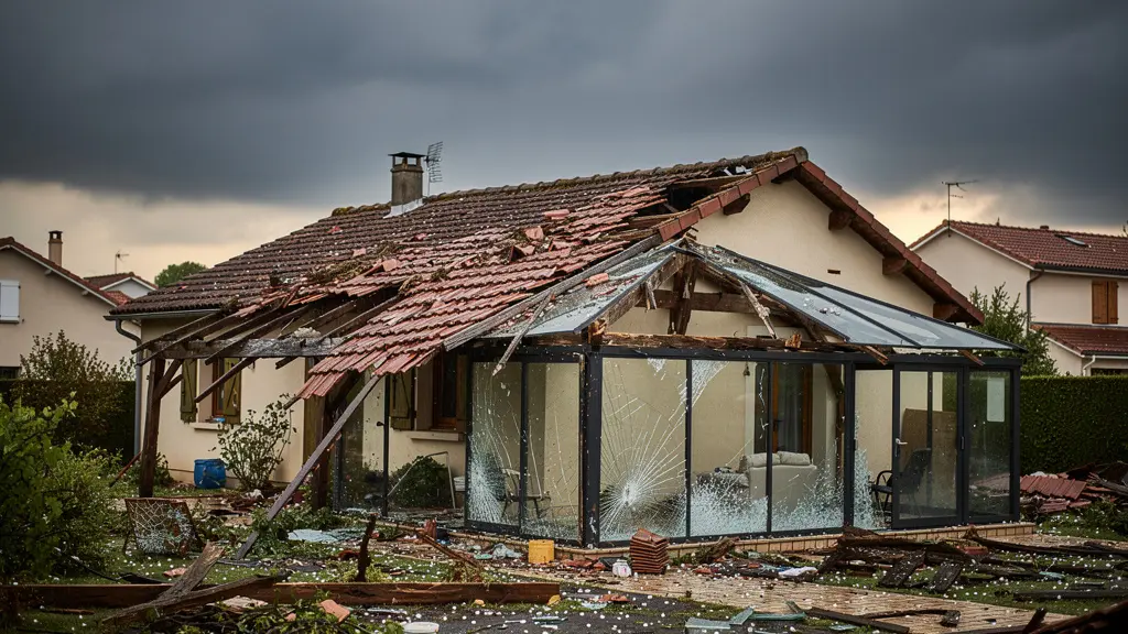 Toiture endommagée par la grêle et débris d'une véranda après une tempête en France