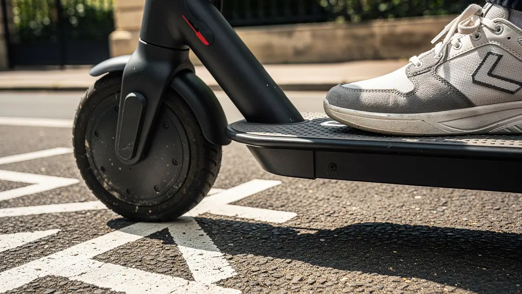 Gros plan sur les roues d'une trottinette électrique et les pieds d'un adolescent équipé, illustrant la mobilité urbaine des jeunes