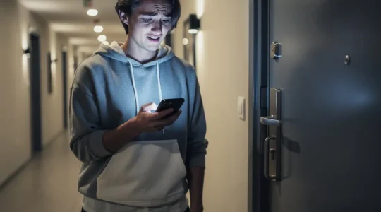 Personne composant un numéro d'urgence sur son téléphone devant une porte d'entrée