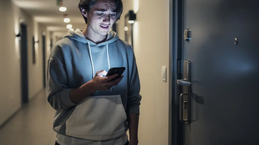 Personne composant un numéro d'urgence sur son téléphone devant une porte d'entrée
