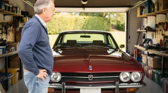 Propriétaire observant sa voiture de collection années 70 dans un garage privatif