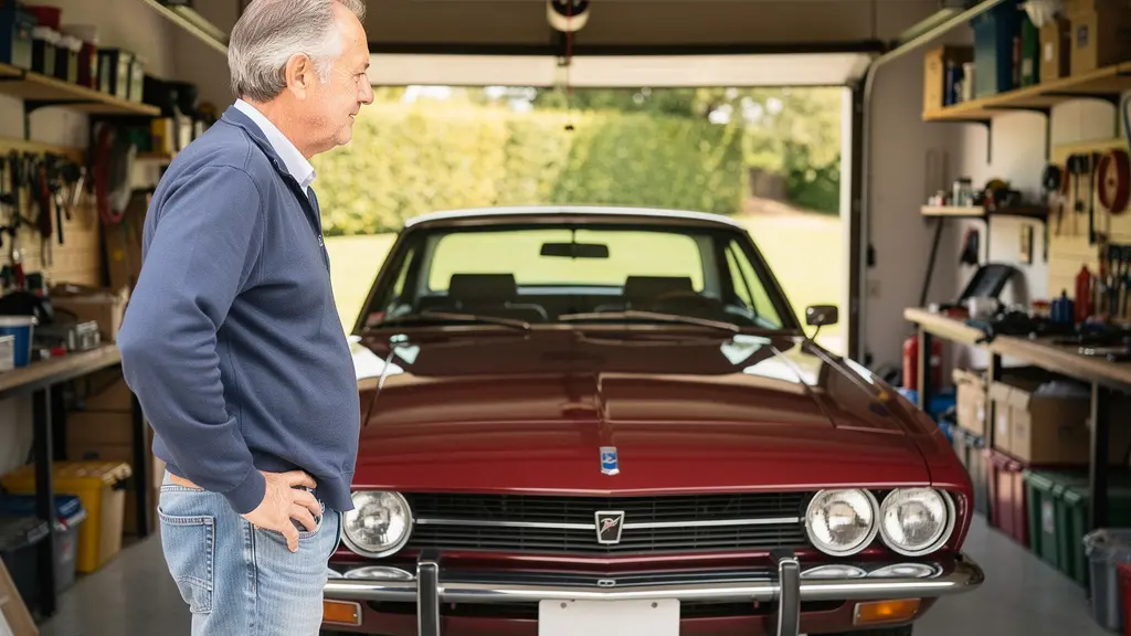 Propriétaire observant sa voiture de collection années 70 dans un garage privatif