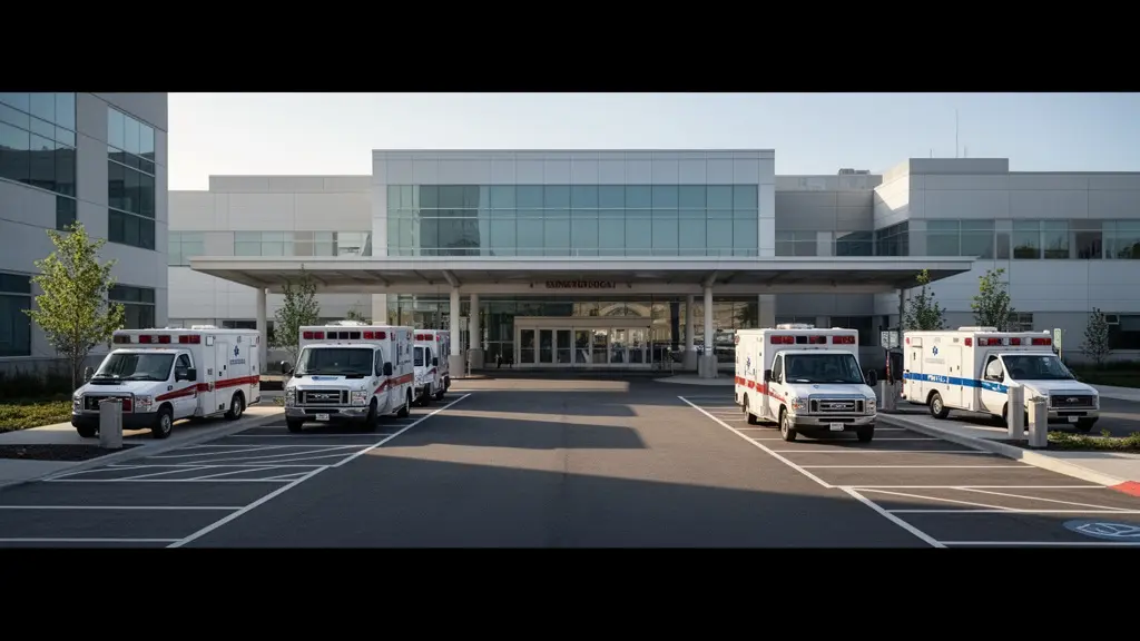 Vue large d'un parking d'hôpital avec véhicules médicalisés et ambulances