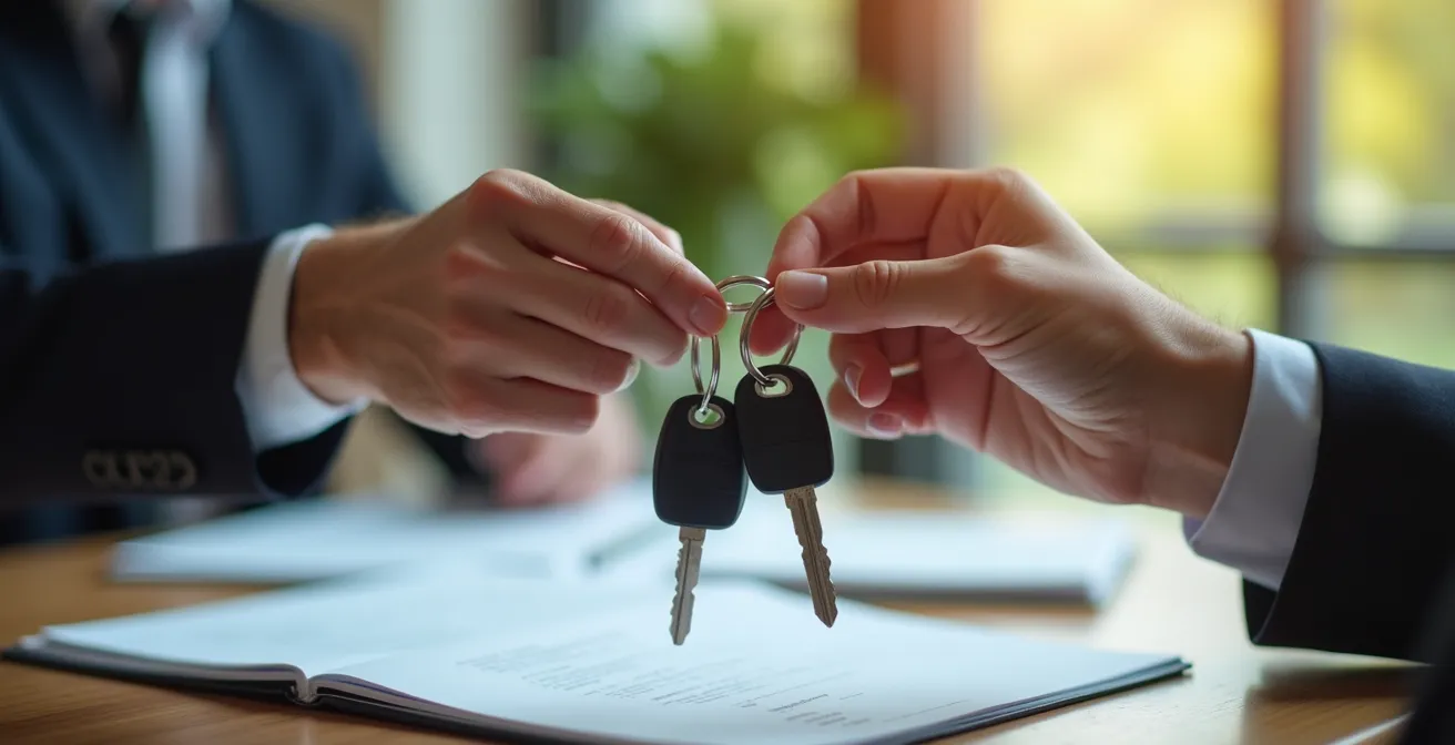 Mains échangeant des clés de voiture avec des documents d'assurance en arrière-plan.