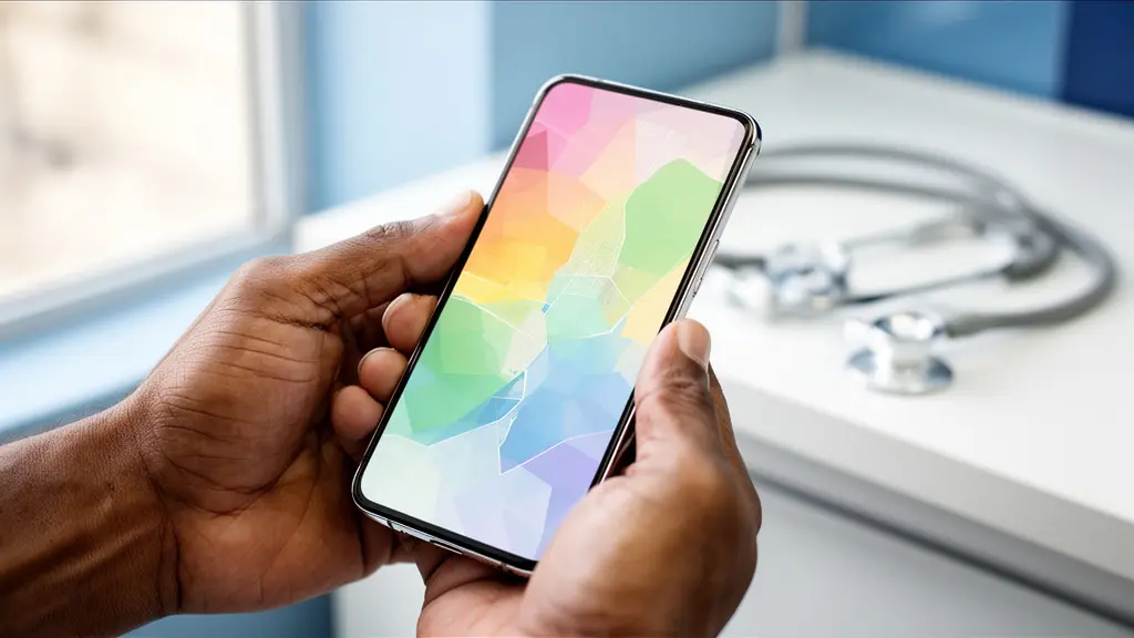 Mains consultant un smartphone montrant une carte de France stylisée avec zones de couleur, stéthoscope flou en arrière-plan