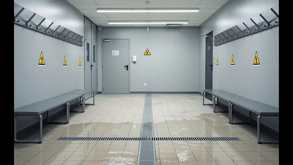 Vue d'ensemble d'un vestiaire de piscine municipale avec carrelage mouillé et équipements de sécurité