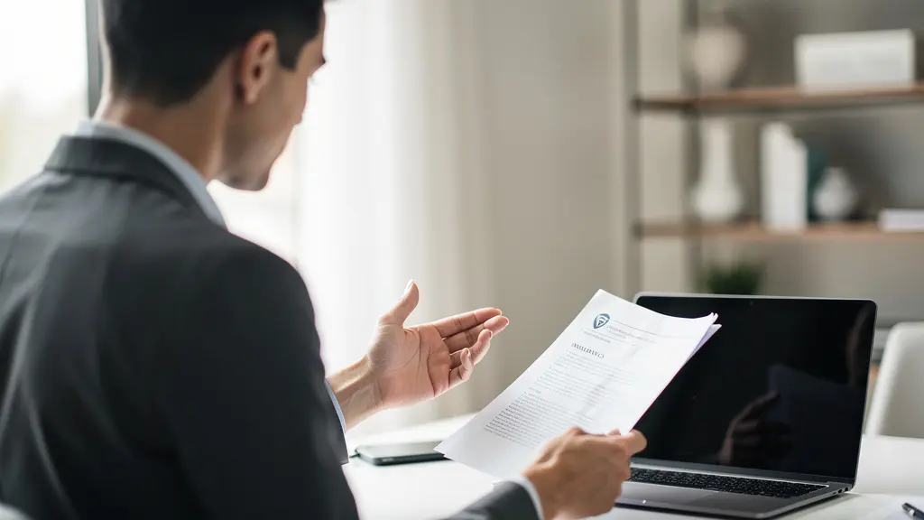 Expert d'assurance en visioconférence analysant des documents avec un assuré, environnement professionnel