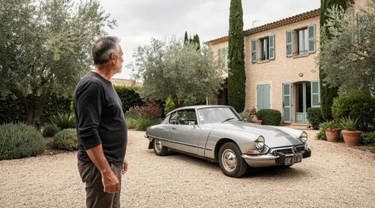 Propriétaire admirant sa voiture de collection française devant maison provençale