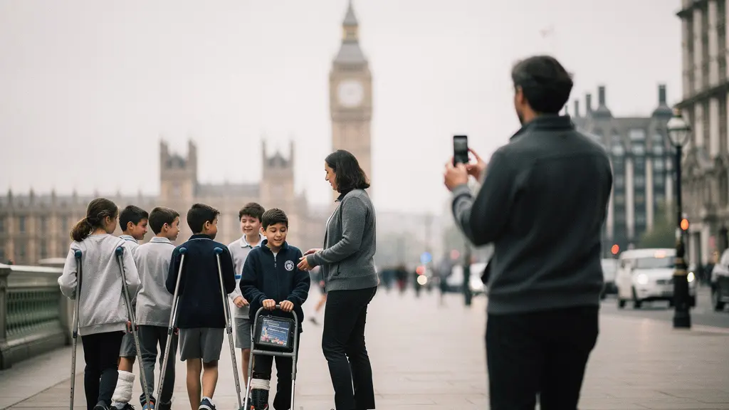 Une petite troupe d'élèves en sortie à Londres, avec un enfant sur des béquilles, sous la surveillance d'un adulte.