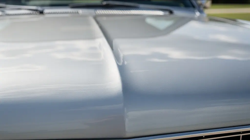 Détail de capot d'un véhicule de collection montrant la qualité de la carrosserie restaurée Détail de capot d'un véhicule de collection montrant la qualité de la carrosserie restaurée